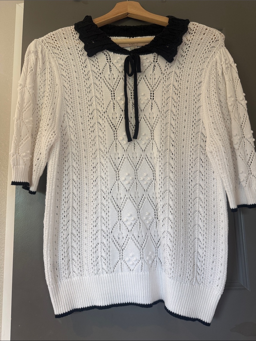 LOFT White Openwork Knit Sweater with Black Peter Pan Collar